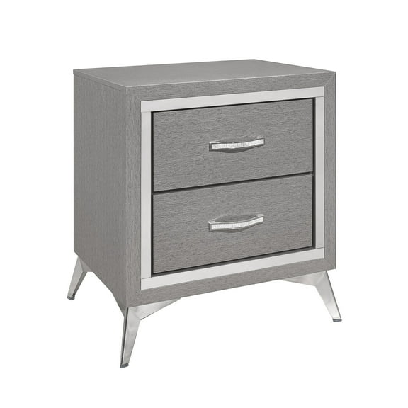 Haya 24 Inch 2 Drawer Nightstand - Embossed Smooth Gray Wood - Silver Trim
