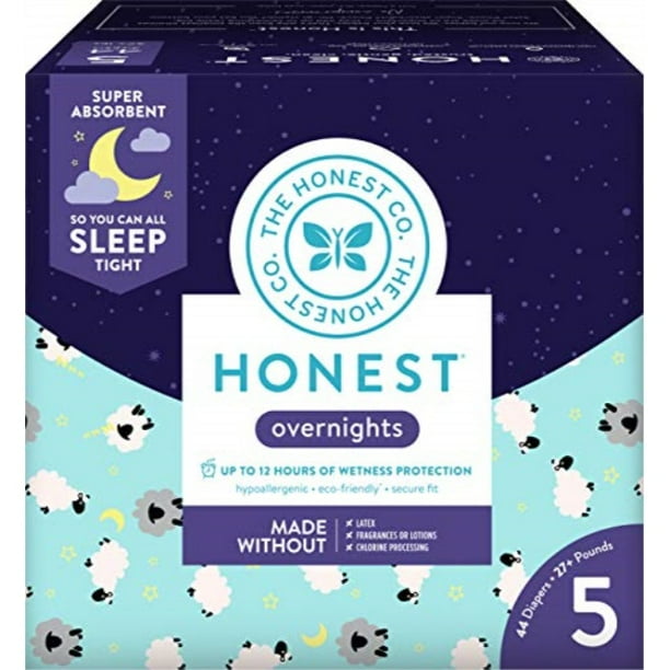 honest overnight baby diapers, club box, sleepy sheep, size 5 (44 count
