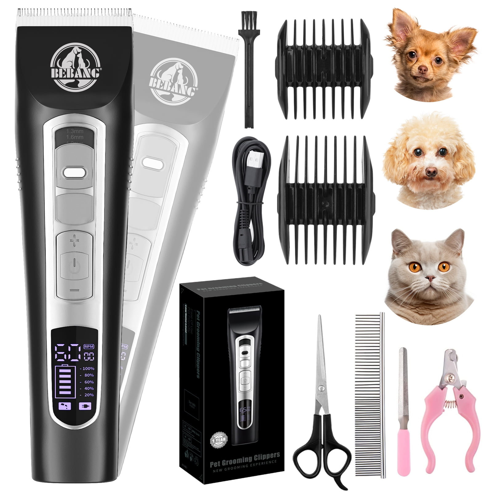 BEBANG Dog Grooming Clippers, Dog Trimmers Clippers for Thick Heavy Coats, Rechargeable High Power Hair Shaver Clippers for Dogs Cats