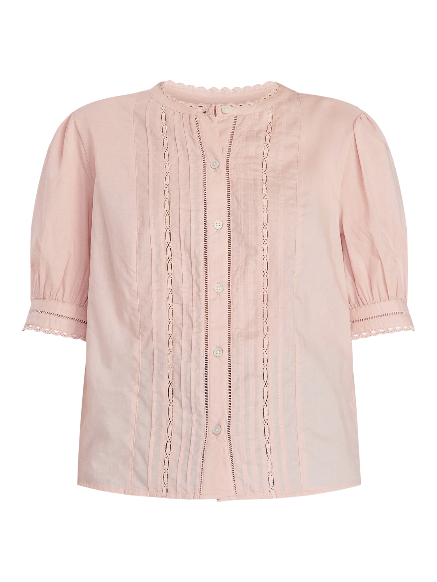 Time and Tru Women's and Women's Plus Cotton Lace Inset Blouse with Elbow Length Sleeves, Sizes XS-4X