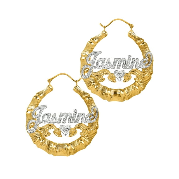 Personalized Bamboo Style Hoop Name Earrings with Beading and Rhodium All Over