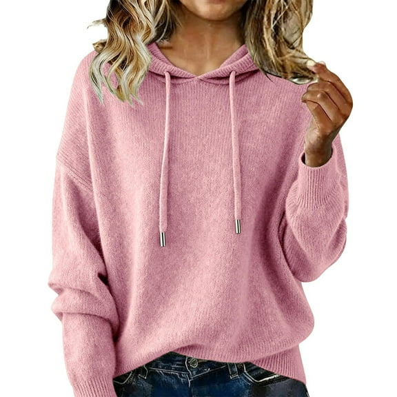 Knit Sweater Hoodie for Women Long Sleeve Casual Loose Drawstring Hooded Sweatshirt Plain Pullover Tops (XL, Pink)