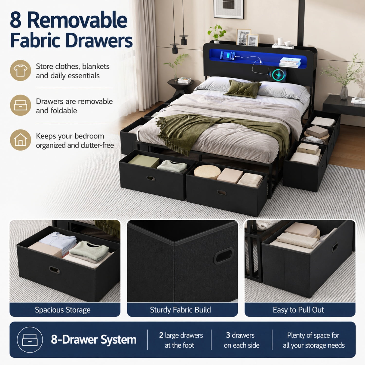 Miniyam Queen Platform Bed Frame with 8 Storage Drawers, LED Lights, Bookshelf Headboard and Charging Station, Black
