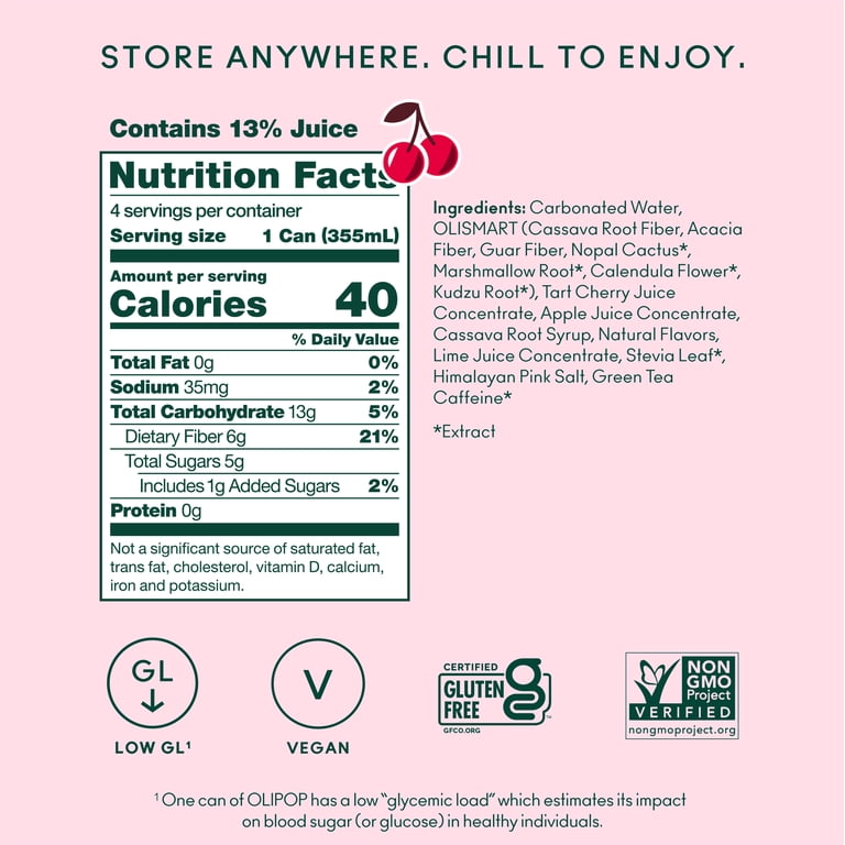OLIPOP, Prebiotic Soda, Cherry Cola, 12 fl oz, 4 Pack, Pantry