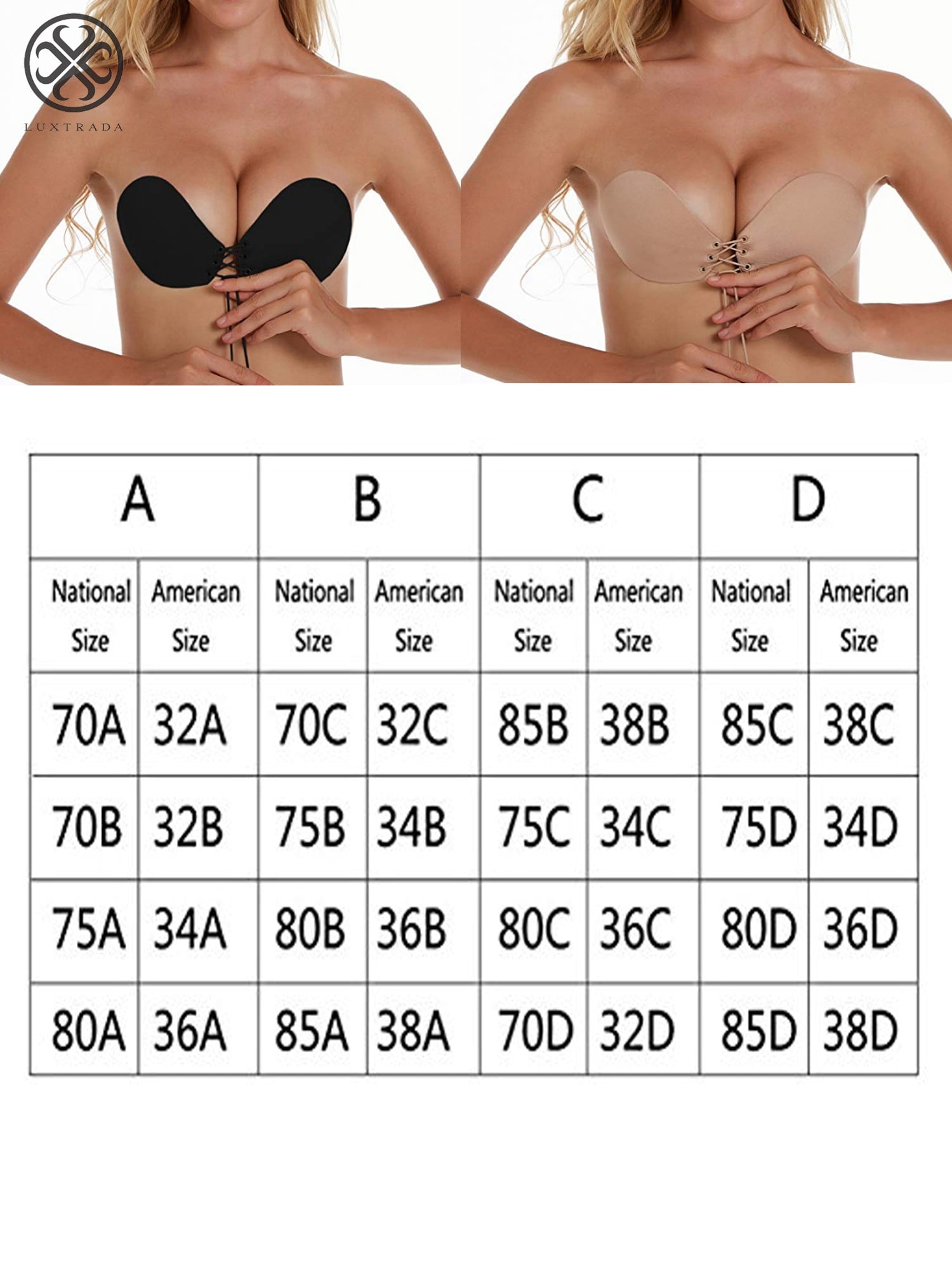 Luxtrada Strapless Self Adhesive Bra, Push Up Invisible Silicone Bras for  Women with Drawstring Suit For Dress Wedding PartySkin,Cup D 