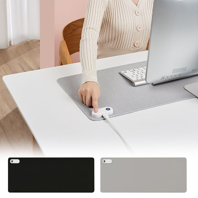 Heating Mouse Pad under $5! CQCYD Heated Mouse Pad with Temperature Control, USB Powered Desk Warmer Mat, shown in a light grey color on a desk setup with a computer and keyboard. The pad features a digital temperature control unit with three adjustable levels (40°C, 45°C, 50°C) for personalized warmth. Made of soft, wear-resistant material with a non-slip rubber base, it measures 80x33cm and is suitable for home or office use. Includes automatic shutdown after three hours for safety.
