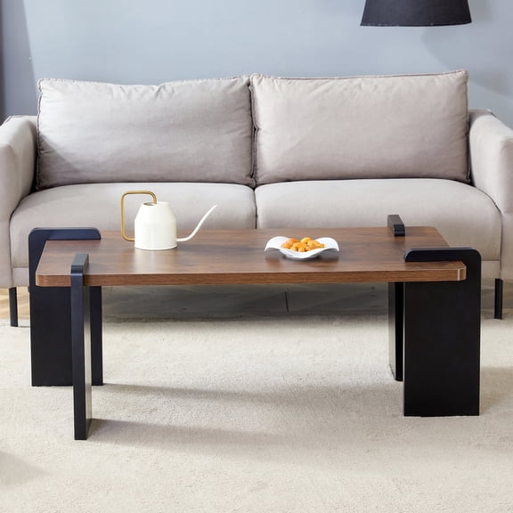 TesNus 39" Walnut Coffee Table, Modern MDF Rectangle Center Table with Black Solid Legs for Living Room Small Space