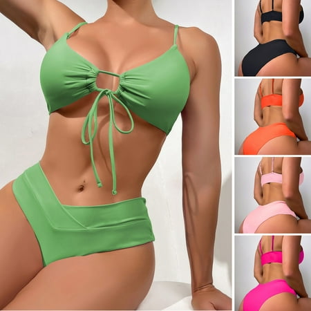 Joernso 2Pcs/Set Women Sexy Bikini Set Sling Padded Lace-up Bra High Waist Briefs Set Solid Color Split Design Swimwear