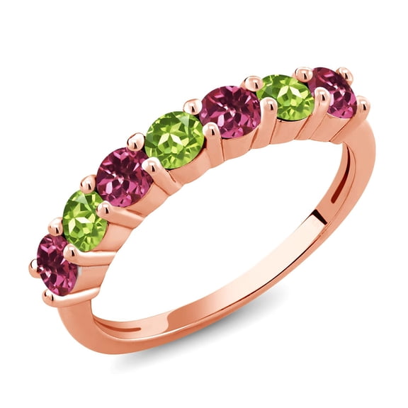 Gem Stone King 18K Rose Gold Plated Silver Round Pink Tourmaline Green Peridot Anniversary Ring for Women (1.22 Cttw, Gemstone Birthstone, Size 8) (Size 8)