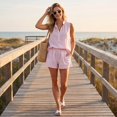 thumbnail image 4 of Clossjun Striped Two Piece Set for Women Spring Summer Casual V Neck Button Sleeveless Top Elastic Waist Shorts Sets, 4 of 7