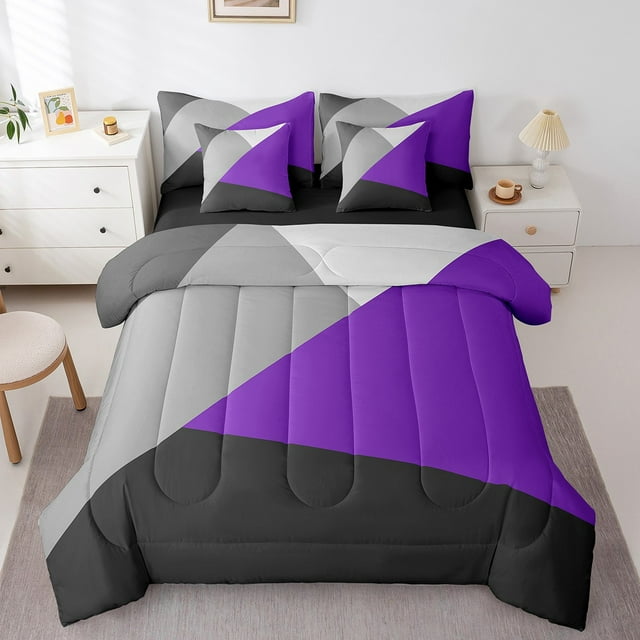 YST Ensemble de Literie Patchwork Géométrique pour Femmes Violet Noir Gris Gris 7 Pcs avec Draps Double, Ensemble de Literie Géométrie Triangle Moderne Simple Abstrait Ensemble de Lit