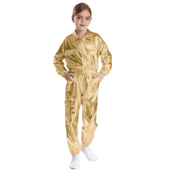 Miutii Kids Boys Girls Jazz Hip Hop Dance Outfits Metallic Turn Down Collar Jacket with Pants Set Street Dancewear Gold 6