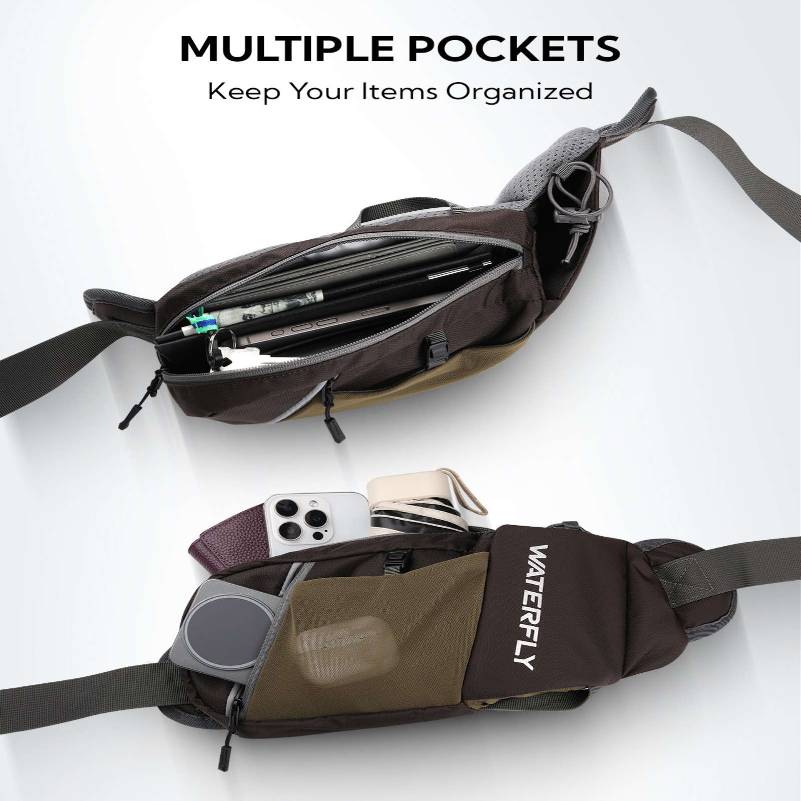 WATERFLY Unisex with Bottle Holder Running Walking Hiking Nylon Fanny Pack Waist Bag,Brown