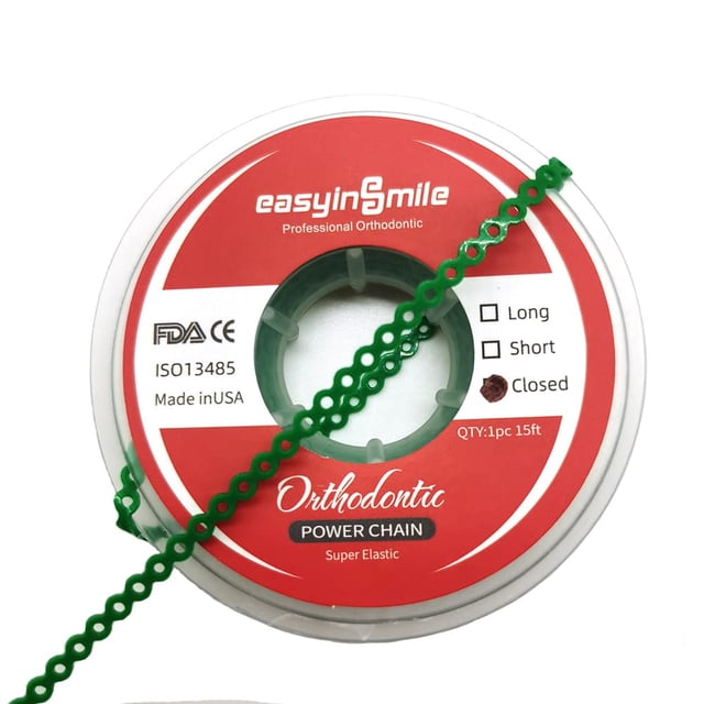 SNAWOP Dental Orthodontic Power Chain Multicolor Spool Elastic Rubber Bands for Teeth Braces (Closed, Green)