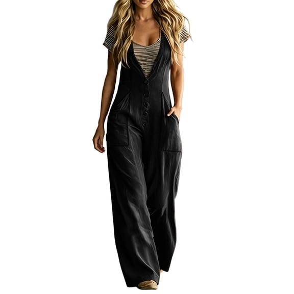 Ke1Clo Spring Fall Jumpsuits for Women Sleeveless Loose Wide Leg Cargo Rompers with Pocket Casual Solid High Waist Romper Black L