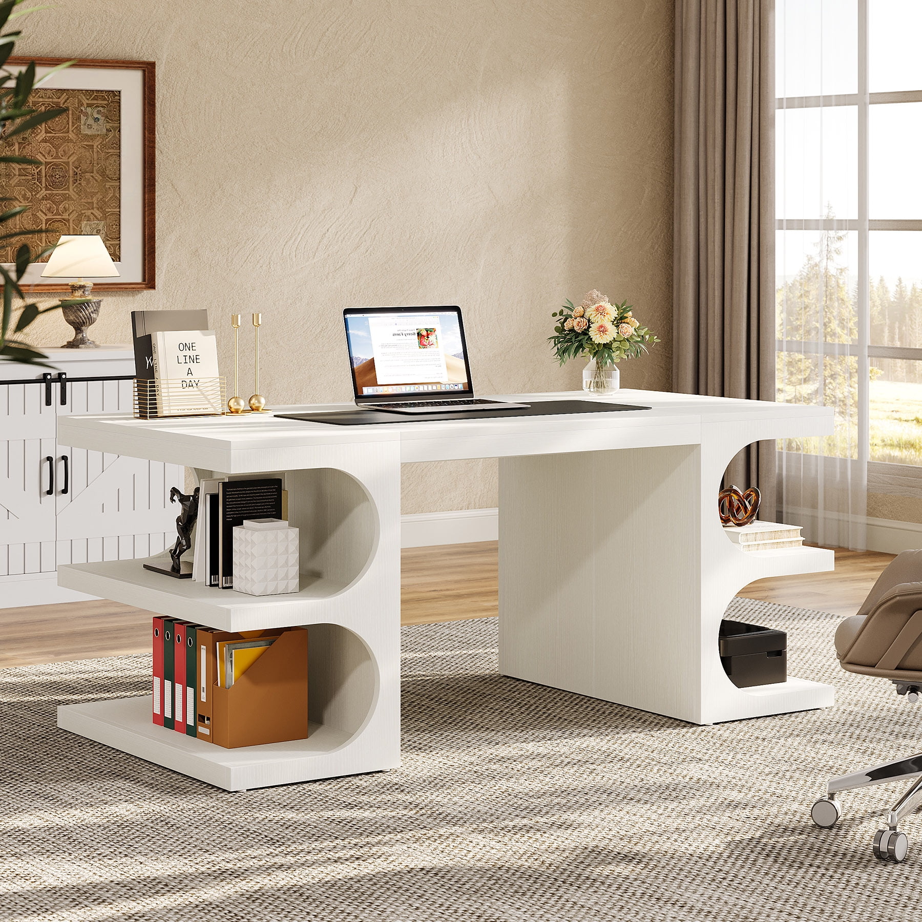 Finmind 63" Modern Executive Office Desk with Storage Shelves, Home Computer Desk, White