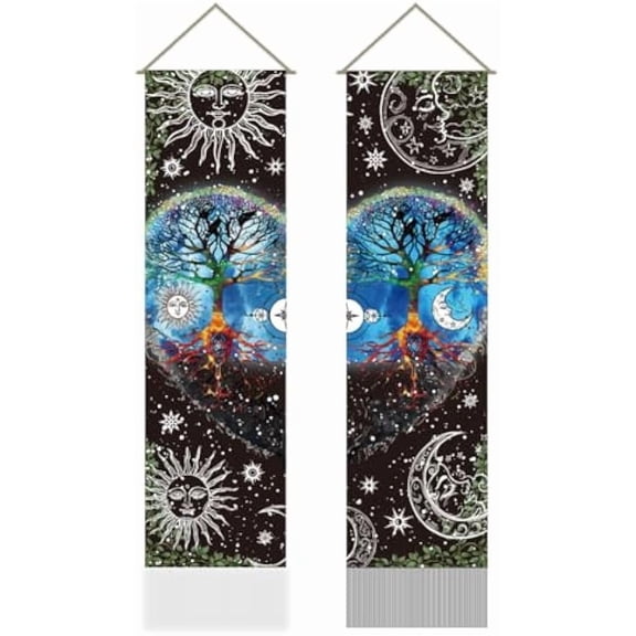 2 Pcs Tree of Life Tapestry Flower Vines Long Vertical Tapestry Wall Hanging Sun and Moon Tassel Wall Tapestry Mystic Aesthetic Tapestry for Bedroom and Living Room(45.7x13 Inch) for diy