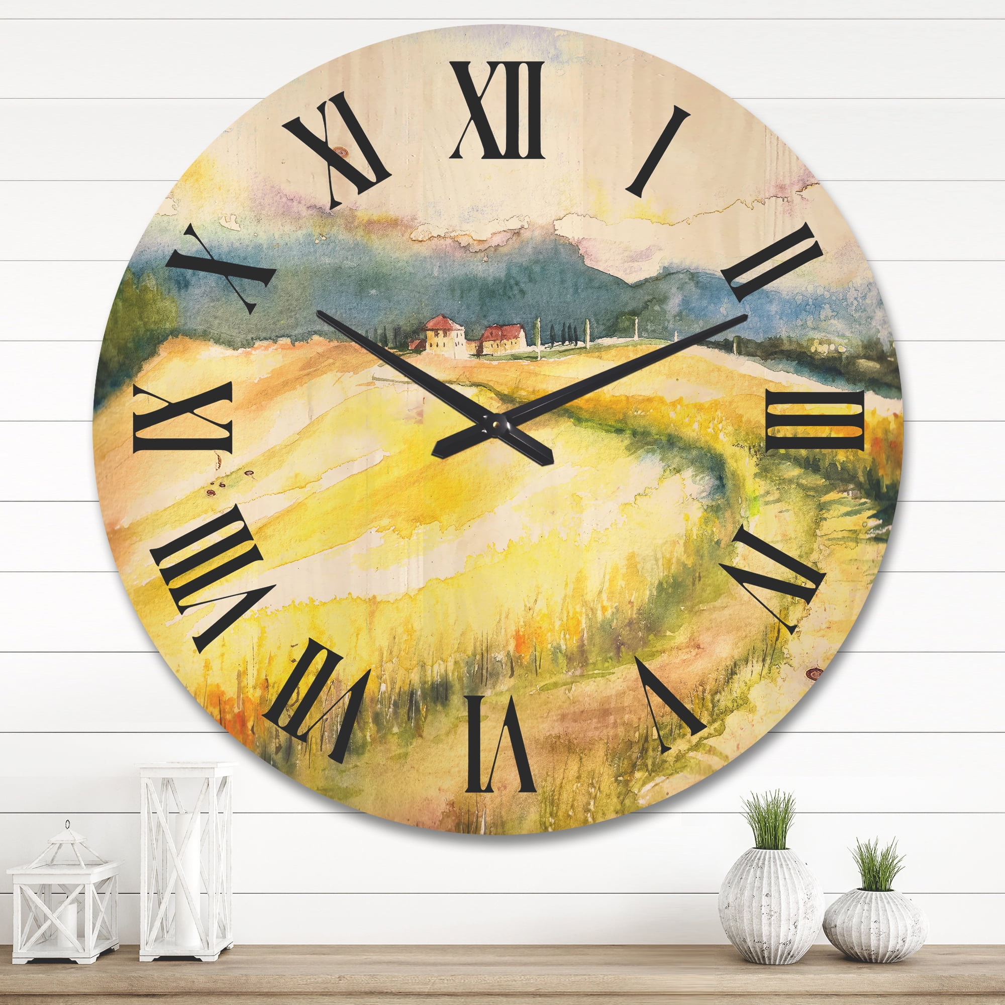 Designart 'Golden Grass Fields of Tuscany Italy' Country Wood Wall Clock