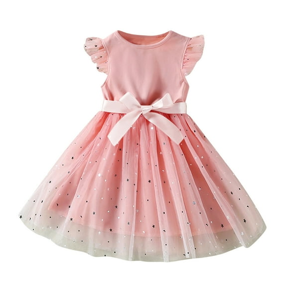 EnJoCho Kids Dress Baby Girls Bowknot Ruffle Short Sleeve Tulle Birthday Dresses Patchwork Party Dress Princess Dress Outfits Clothes Little Children Girl Summer Trendy Dress 4-5 Years