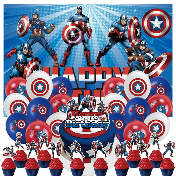 32 Pcs For Captain America Party Decoration Kit – Includes Backdrop Cloth, 13 Cupcake Toppers, 18 Balloons for Themed Celebrations