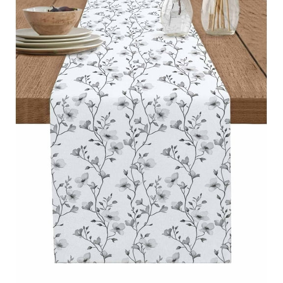 Ldtrchee Grey Floral Table Runner 72 Inches, Retro Tree Branches Botanical Plant Spring Bed Runner Dresser Scarves Tabletop for Indoor Outdoor Parties/Ceremony/Banquet, 16" x 72"