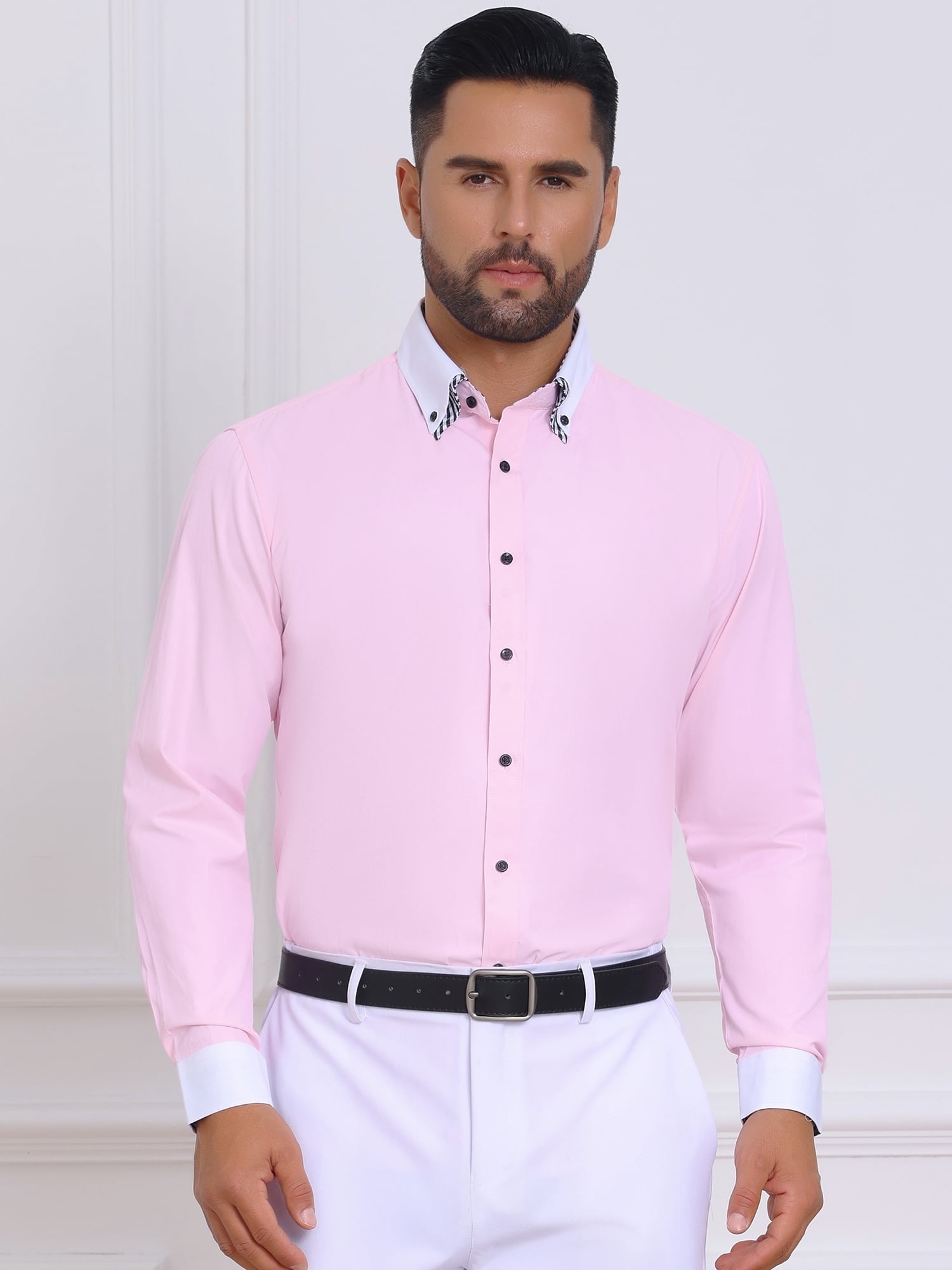 DARING DIVA Men's Contrasting Color Collar Long Sleeve Button Down Shirts S Pink