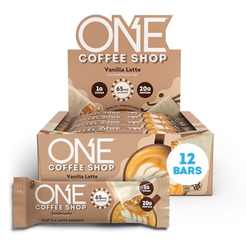 ONE Coffee Shop Protein Bars Caffeine, Vanilla Latte, Gluten Free with 20g Protein and only1g Sugar, Guilt-Free Snacking for High Protein Diets, 2.12 oz (12 Count)