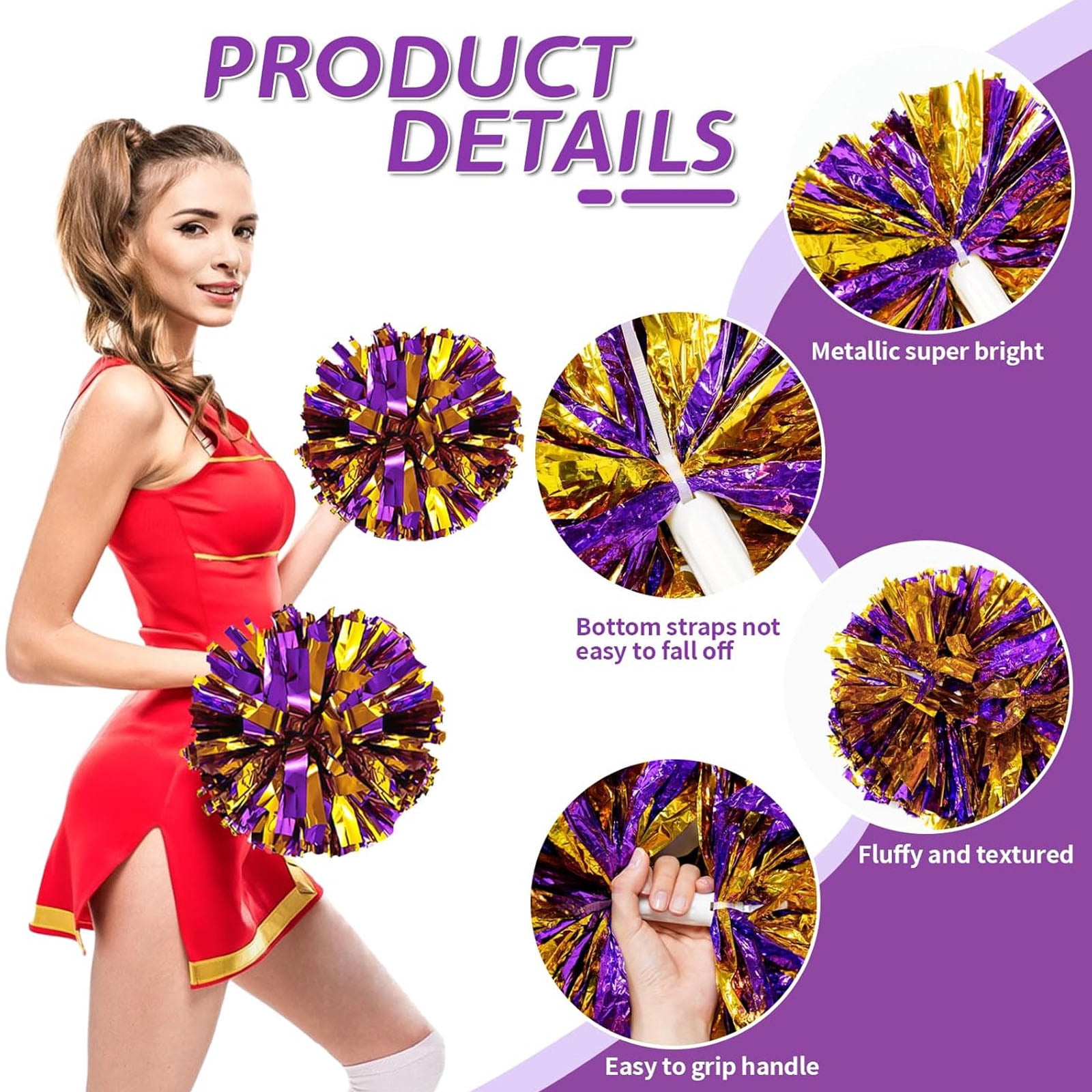 14 Inch Large  Cheerleading Pom Poms, Metallic Shiny Double Head Cheer Pom Poms with Comfort Grip Handle for Sports Party Festival（2 pcs)