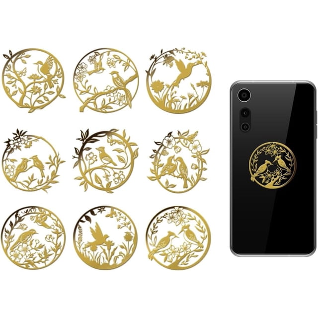9 pegatinas de metal dorado de 4 x 4 cm (1,6 x 1,6 pulgadas) - Diseño de pájaros - Estilo moderno - Forma redonda - Acabado brillante - Ideal para álbumes de recortes