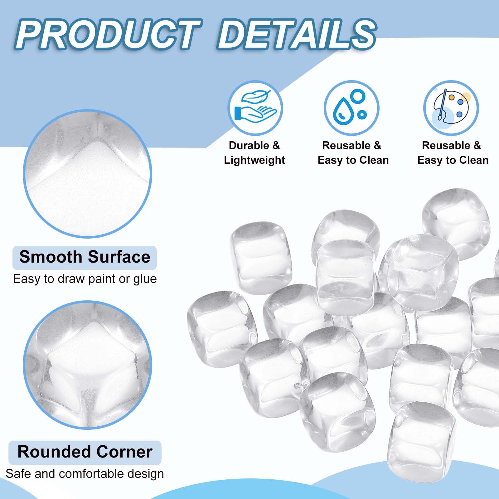 16 mm Clear Acrylic Dice Blank, 100 Pcs Rounded Corner Blank Dice with Smoothed Surface Six Sided for Board, White