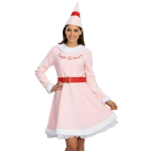 Mrs. Elf Christmas Halloween Costume Adults Holiday Pink Dress, Red Belt & Hat Festive Women’s Elf Outfit