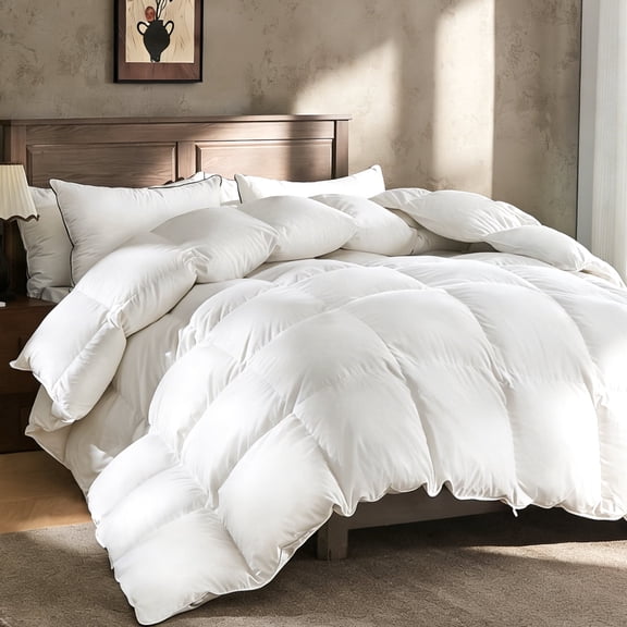 Dafinner Queen Size Organic Cotton 750 Fill-Power Goose Feather Down Comforter, Fluffy Medium Warm Duvet Insert for All Seasons, (90x90, White)
