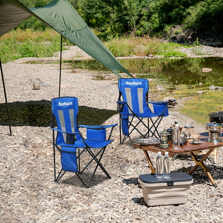 Nazhura 4 Pack Folding Camping Chair with Cooler Pouch Mesh Backrest and Cup Holder Pocket Blue 4 Pack