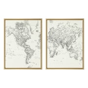 Kate and Laurel Sylvie Black and White Modern Retro World Map Framed Canvas Wall Art Set by The Creative Bunch Studio, 2 Piece 18x24 Gold, Vintage Map Art for Wall