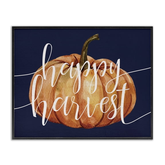 Stupell Industries Cottage Happy Harvest Phrase Orange Pumpkin over Blue Black Framed Giclee Art, 14 x 11, by Lil' Rue