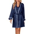 thumbnail image 5 of Women's 3pcs Satin Pajamas Set Cami Top and Shorts Sleepwear PJs Set with Robe,Navy Blue, 5 of 5