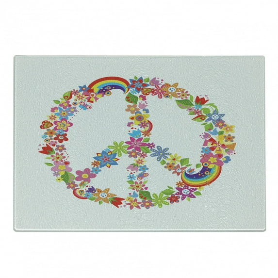 1970s Cutting Board, Peace Designed from Colorful Flower Blooms and Rainbow Stripes Spring Season, Decorative Tempered Glass Cutting and Serving Board, in 3 Sizes, by Ambesonne