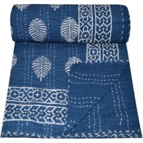 Yuvancrafts Indian Hand Block Print Twin Size Kantha Quilt Cotton Kantha Throw Bedspread Vintage Boho Blue Quilt