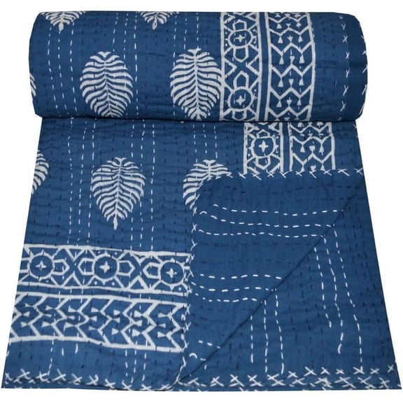 Indian Hand Block Print Twin Size Kantha Quilt Cotton Kantha Throw Bedspread Vintage Quilt Boho Quilt Blue Quilt