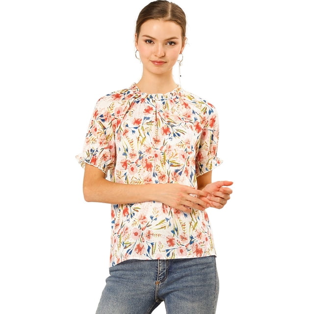 Blusa Estampada Floral Allegra K Mangas Cortas Cuello Redondo Volantes Top Casual Mujeres blanco L