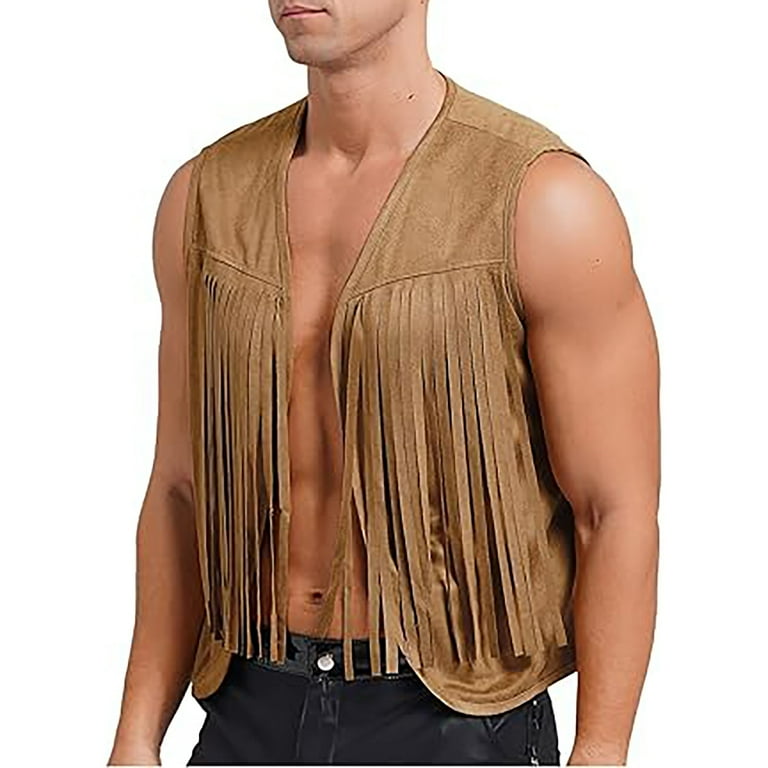 HOLEI Men Cowboy Tassel Solid Color Vest Faux Suede Leather Fringe