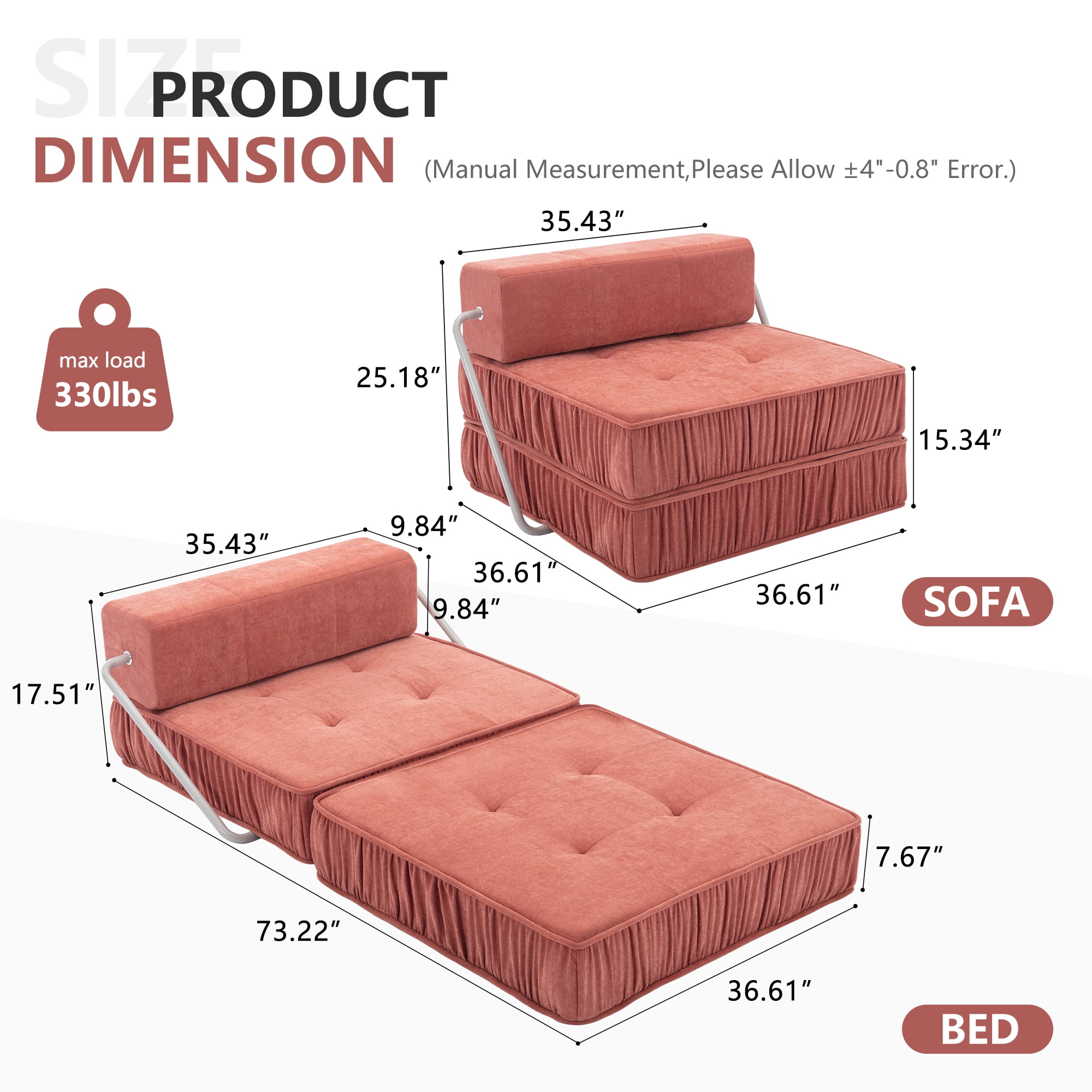 Folding Sofa Bed, Orange Convertible Sleeper Chair with Removable Back Cushion and Non-Slip Bottom, Chenille Futon Floor Couch for Living Room, Guest Room, Home Office
