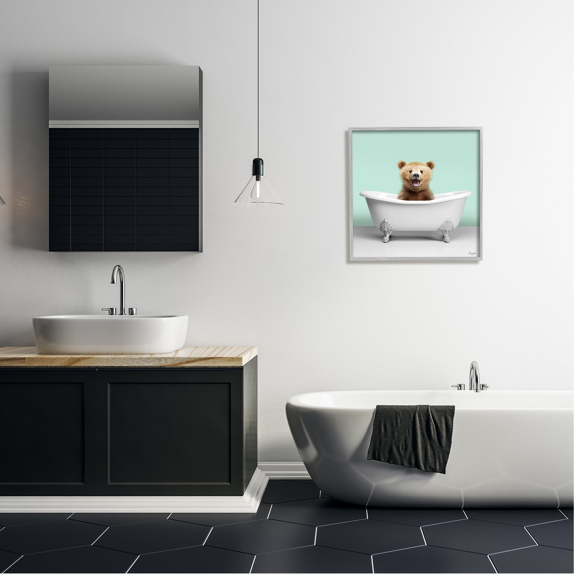 Stupell Industries Bear Cub in Bathtub Animals & Insects Painting Gray Framed Art Print Wall Art, 24 x 24