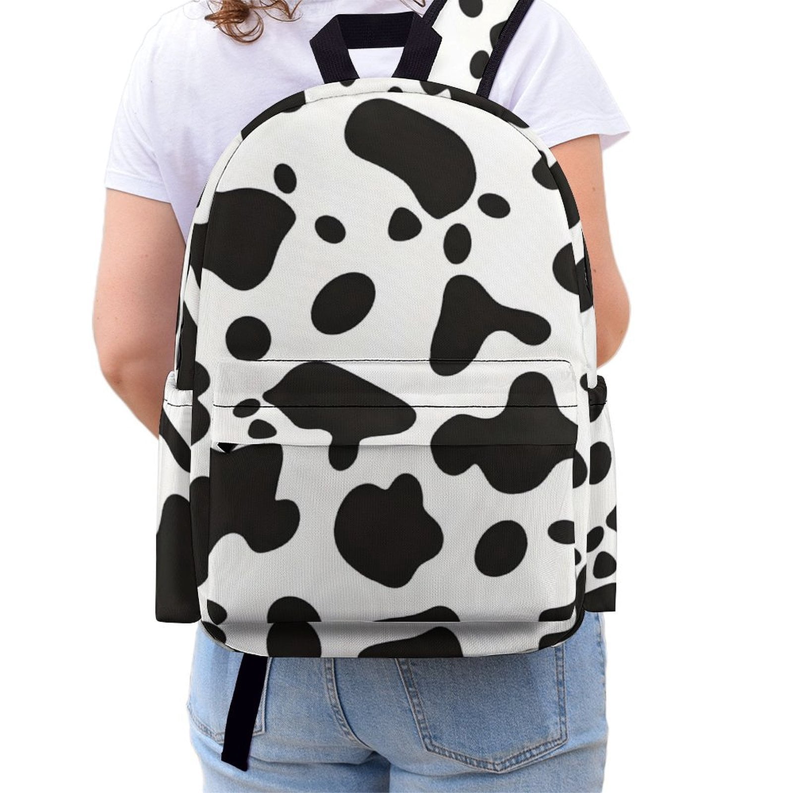 Large Capacity Half Print Backpack 11.8×16.5×5.9in Multifunctional Zipper Design Convenient Switch Simple Cow Print Pattern, Vector Art Style_3