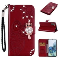 Wallet Case for Samsung Galaxy S23, Embossed Owl Bling Diamond Premium PU Leather [Folio Flip][Kickstand][Card Slots][Wrist Strap][Kickstand]Phone Cover for Samsung Galaxy S23, Winered