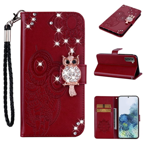 Decase Bling Wallet Phone Case Compatible with Samsung Galaxy S23 - Stylish 3D Owl Diamond Crystal Magnetic PU Leather Wrist Strap Stand Flip Women Girls Phone Cover for Galaxy S23,Winered