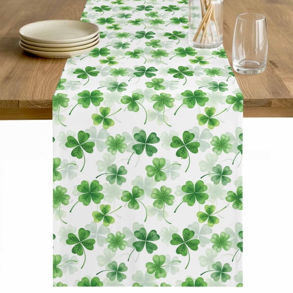 St. Patrick's Day Table Runner - 120 Inch Long Lucky Shamrock Green Spring Plants Vintage Cotton and Linen Blended Dress Scarves Farmhouse Table Runner for Kitchen Dining, Coffee Table, 13" x 120"
