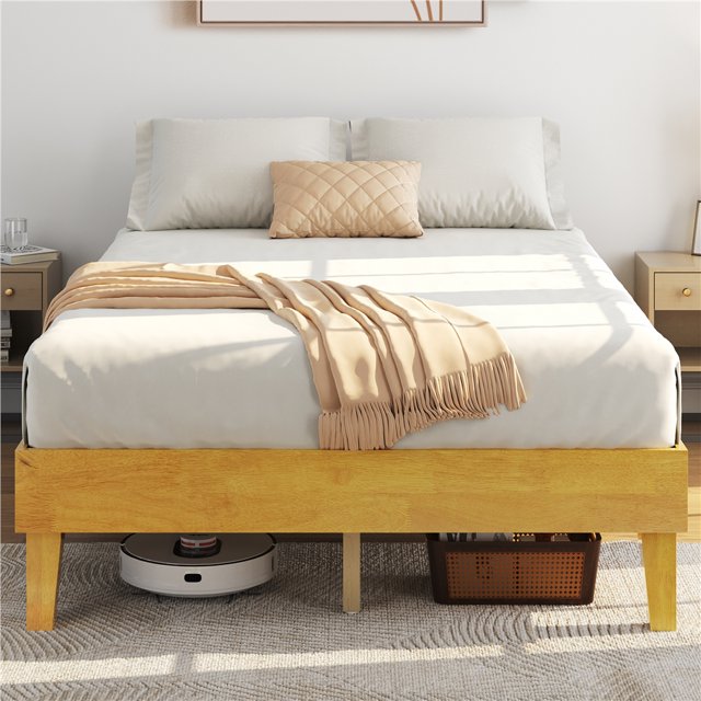 Yaheetech Full Size Wooden Platform Bed Frame with No Headboard, Natural Wood