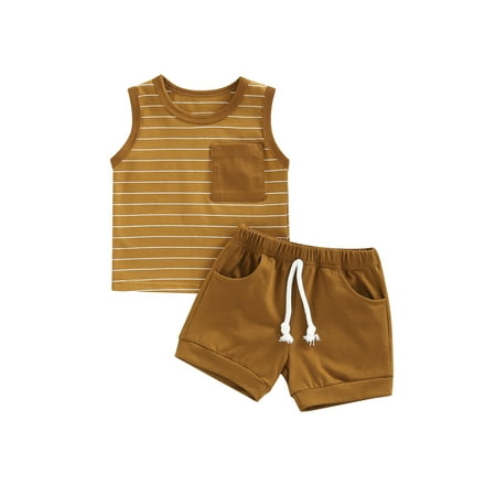

Striped Baby Boy Summer Clothes Set Cute Sleeveless Pocket Tank Tops Tshirt Solid Shorts Infant Toddler Outfits