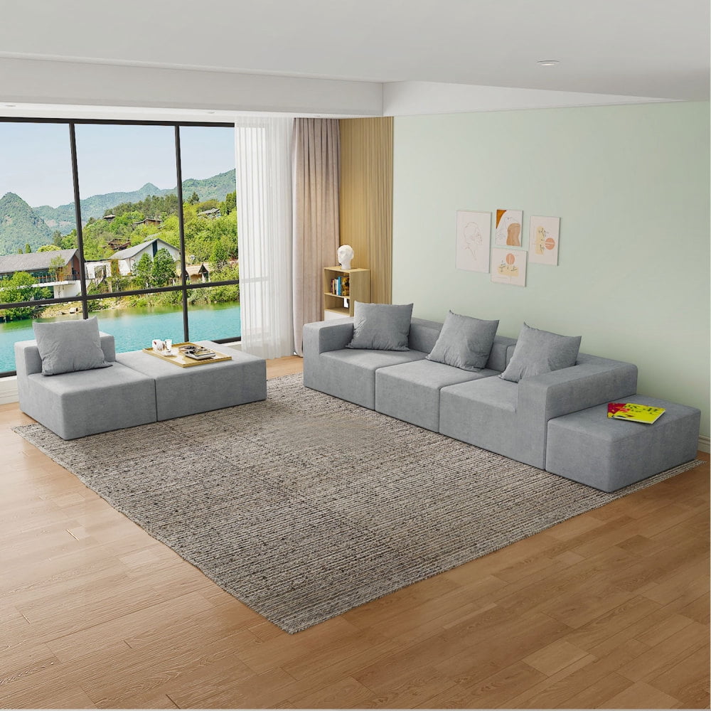 Gray Boneless Couch, Sectional Couches for Living Room, Modern Modular Sofa, 4-Seater with 2 Ottomans and Oversized Chaise